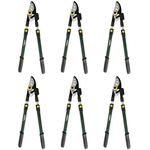 Set of six green and black gardening pruners on a white background