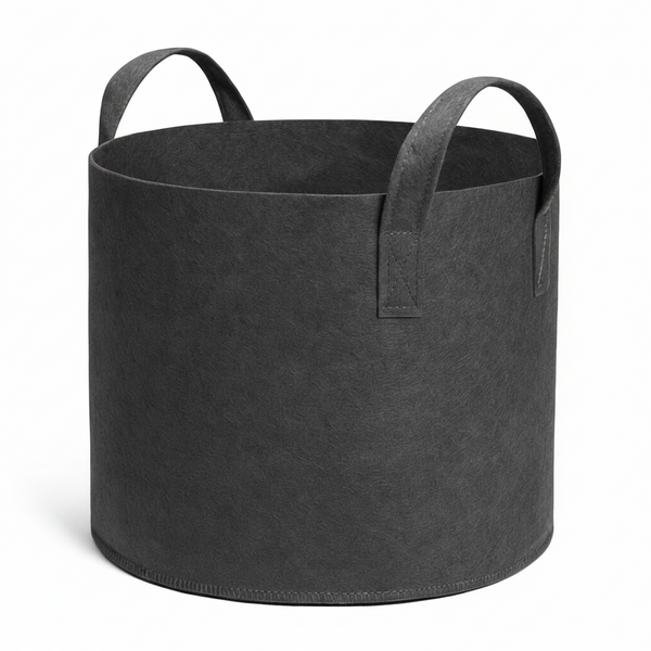Black fabric pot with handles on a white background