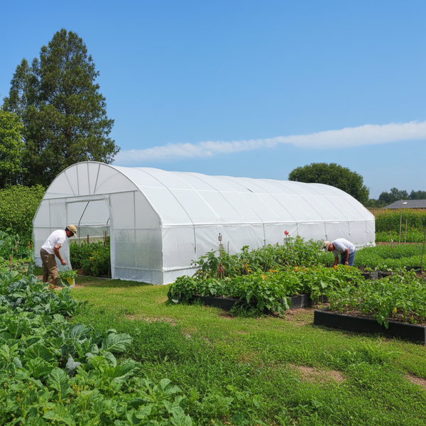 Two people working in a garden with a large white greenhouse in the background.