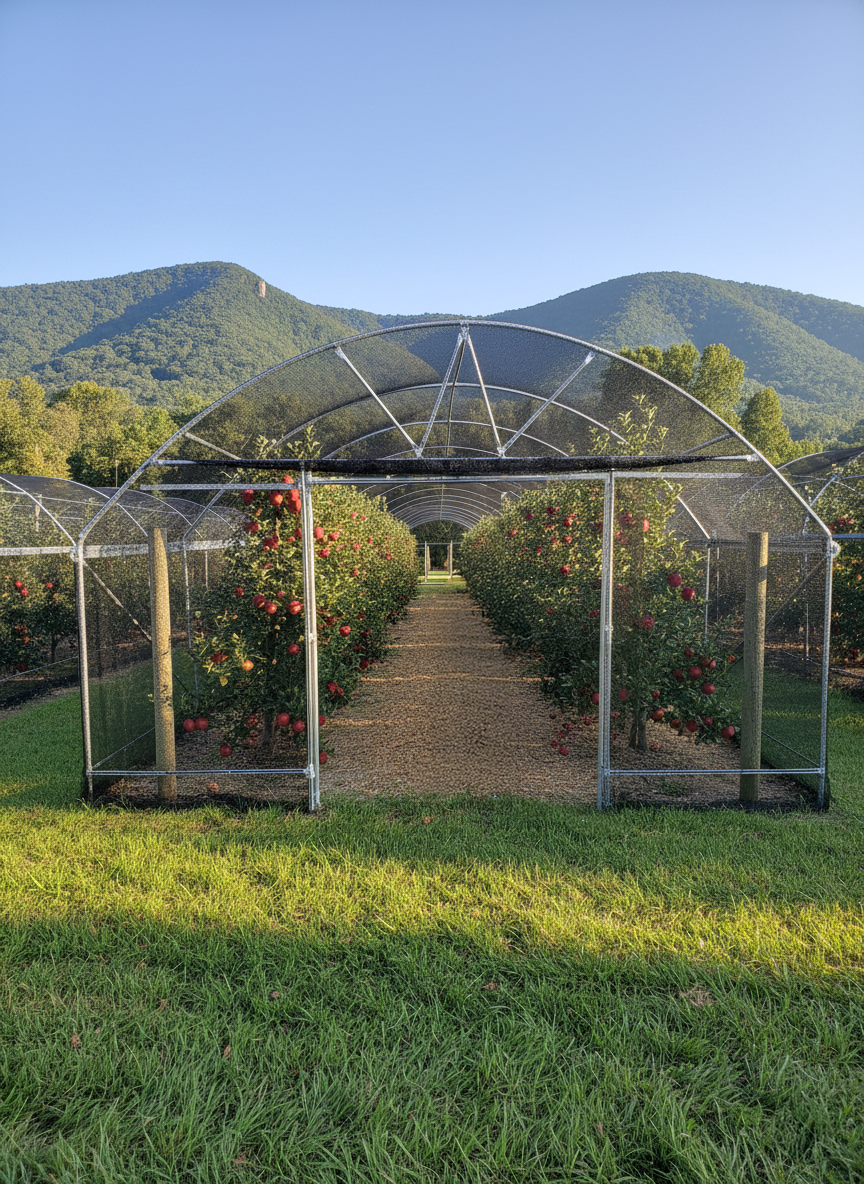 Clear net hoop house with rows of plants in a field with mountains in the background