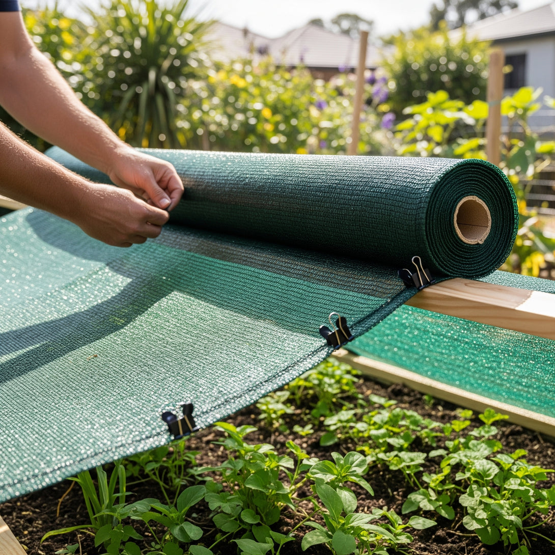 Person unrolling green garden shading cloth in a garden setting