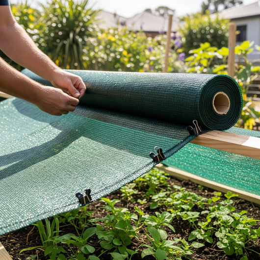 Person unrolling green garden shading cloth in a garden setting