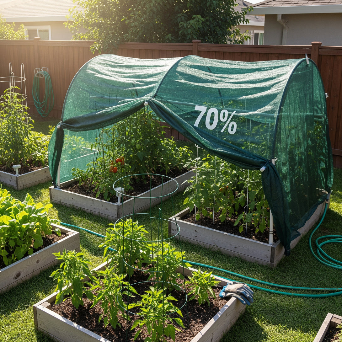 Green shaded garden tunnel with plants in a backyard setting