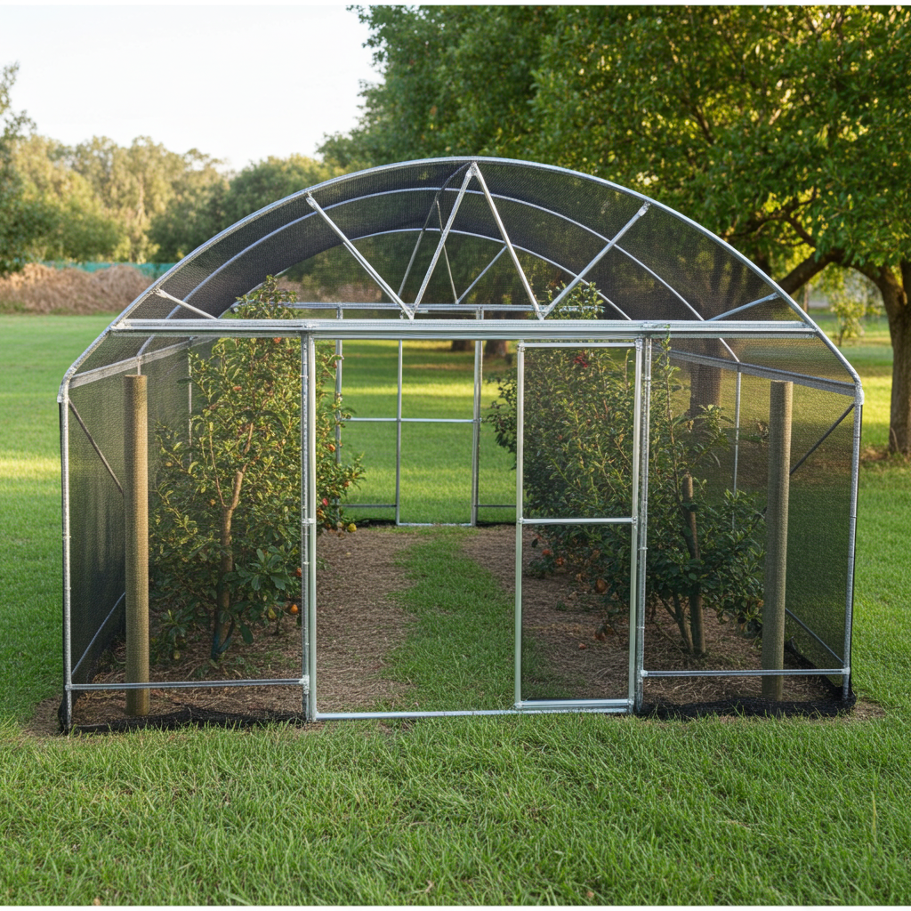 net house with trees on a grassy area with trees in the background