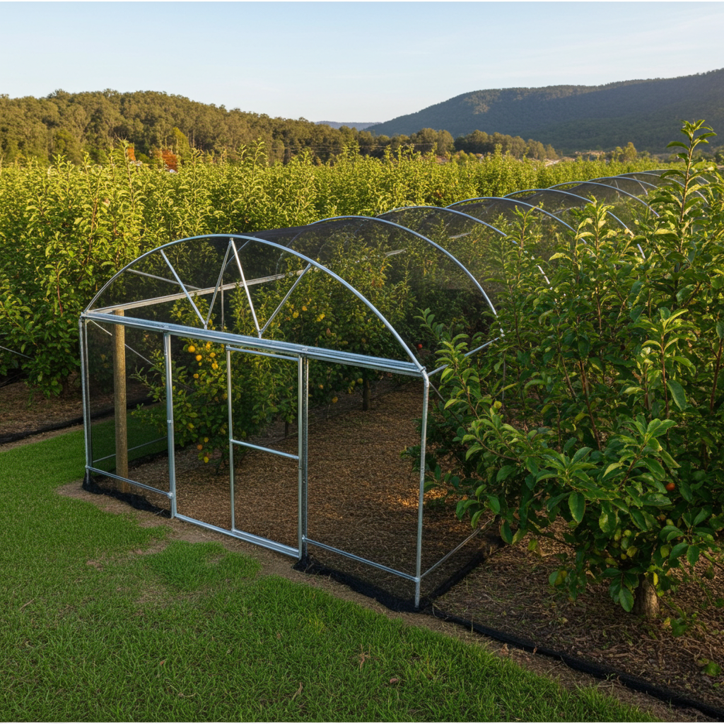 net house in a garden with trees and mountains in the background