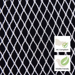 White mesh netting with VIC Compliant and Wildlife Friendly labels on a black background