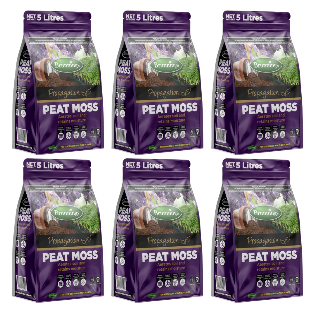 6 x Brunnings Peat Moss 5L - Professional High-Absorbency Organic Soil