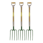Three garden forks with wooden handles on a white background
