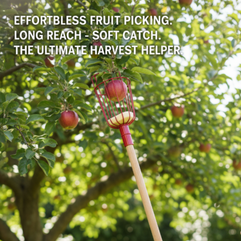 Long reach fruit picker with apples on a tree, text overlay about effortless fruit picking.