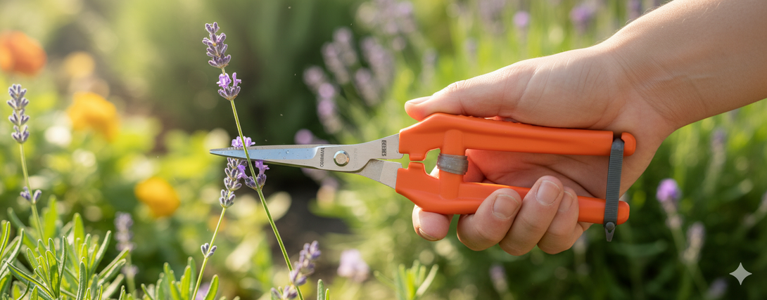 Hand holding orange garden shears cutting lavender in a garden setting