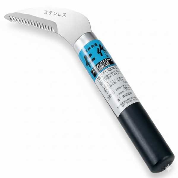 Nisaku Japanese Stainless Steel Sickle / Weed Remover - Fully Hardened Blade (HRC54°), Resharpenable - Durable Tool for Cutting and Root Removal (Made in Japan)