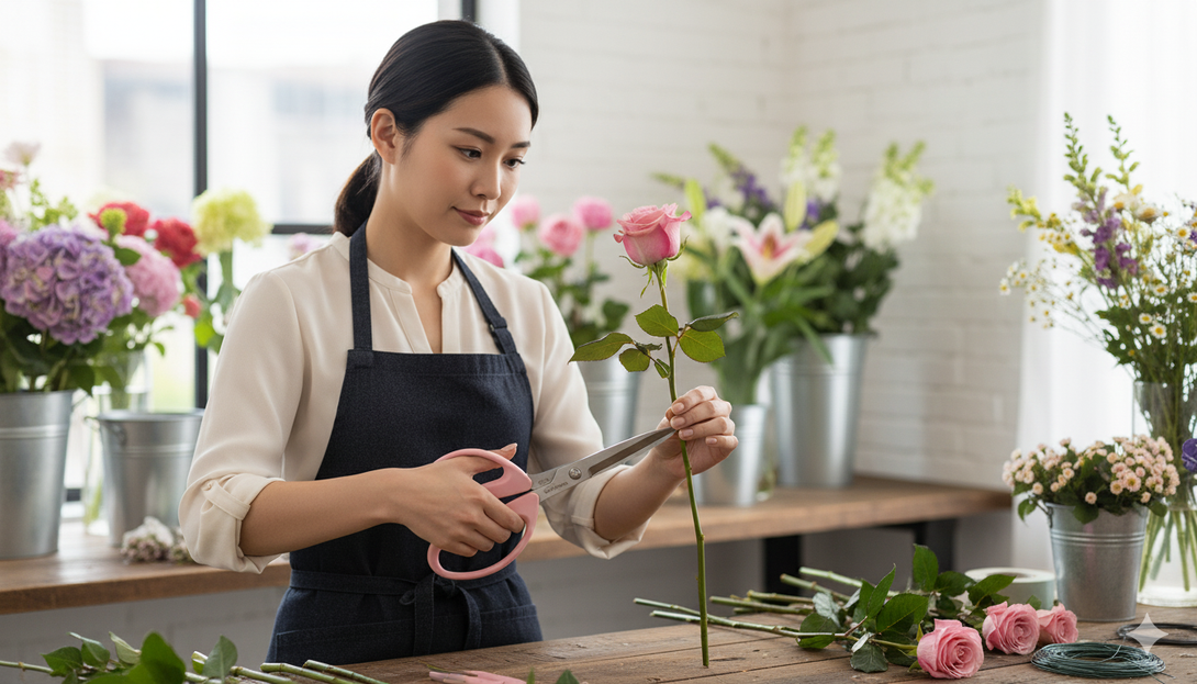 Woman in a floral shop arranging flowers with various floral arrangements in the background.
