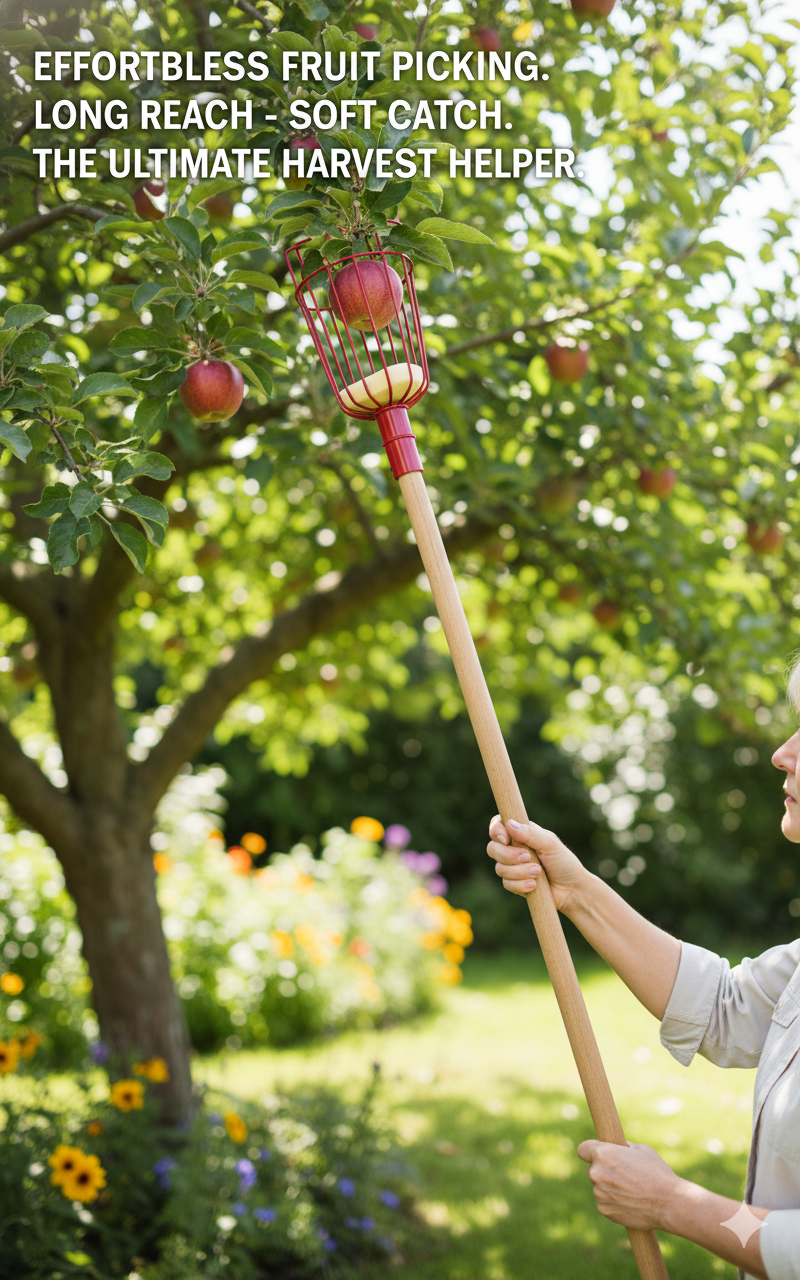 Person using a long reach fruit picker to harvest apples from a tree in a garden.