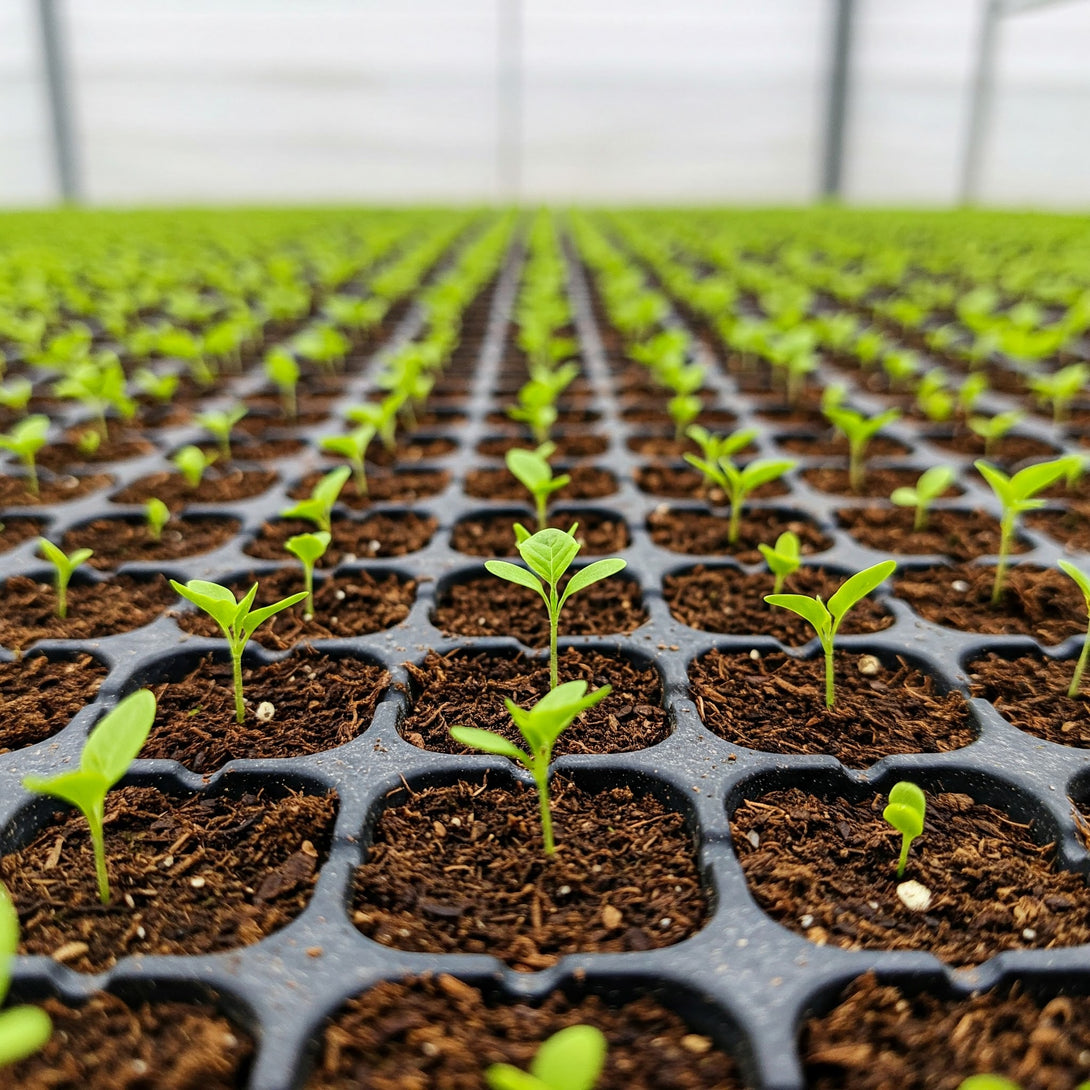 Row of young plants in small pots in a greenhouse setting