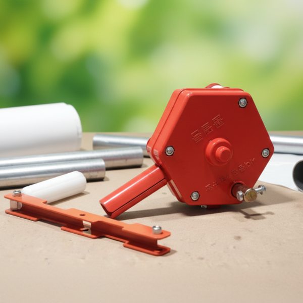 Red tool with metal pipes and white cylindrical objects on a blurred green background