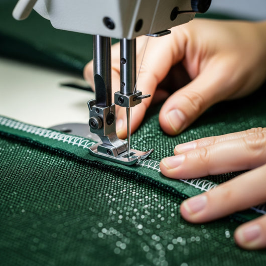 Person sewing green fabric shade cloth with a sewing machine