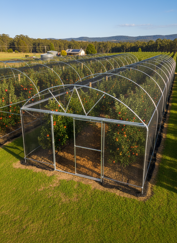 Row of transparent net tunnel houses with fruit trees in a field