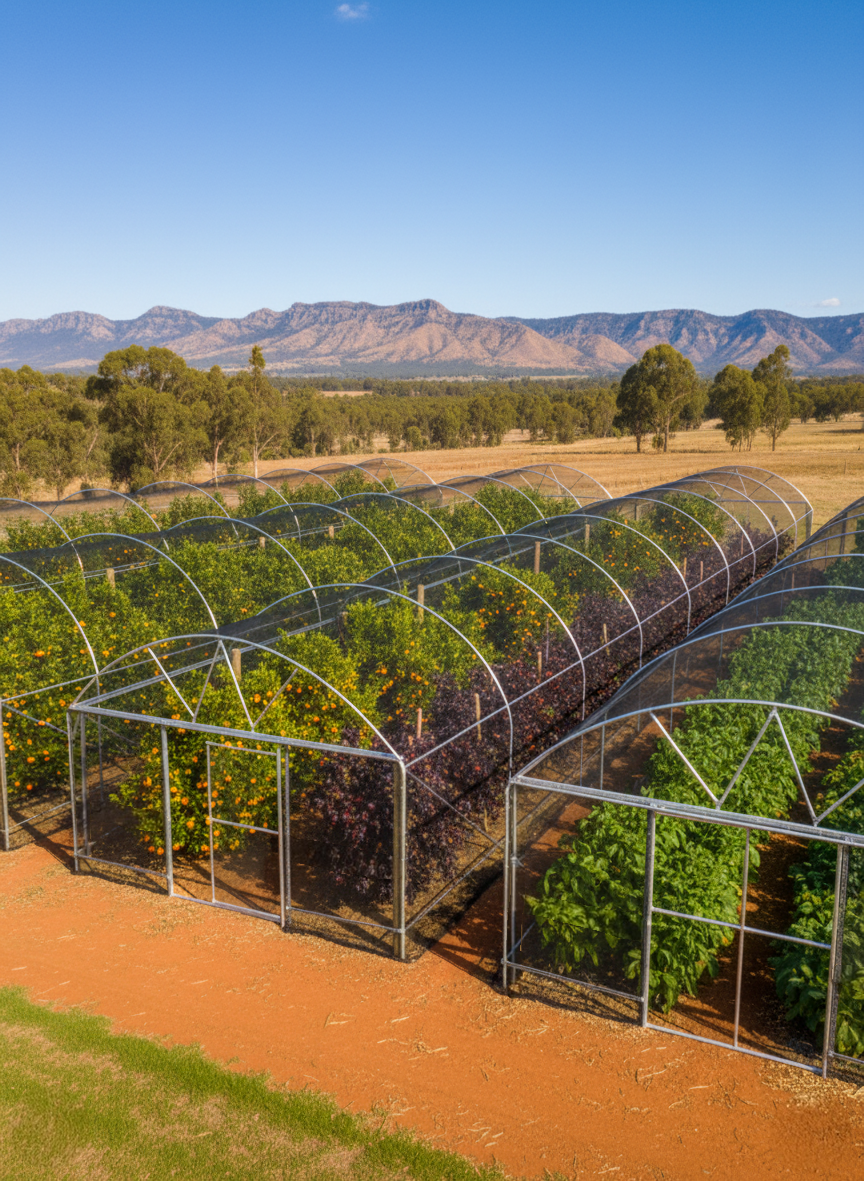 net house in a field with mountains in the background