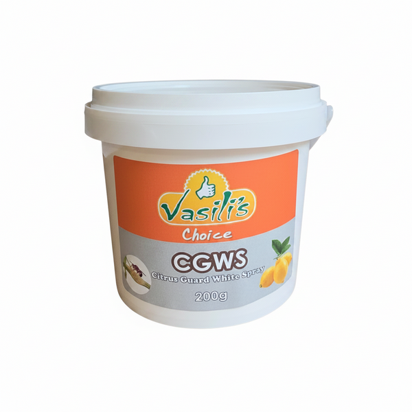A 200g white plastic bucket of Vasilis Choice CGWS (Citrus Guard White Spray) with an orange and gray label, shown on a plain white background.
