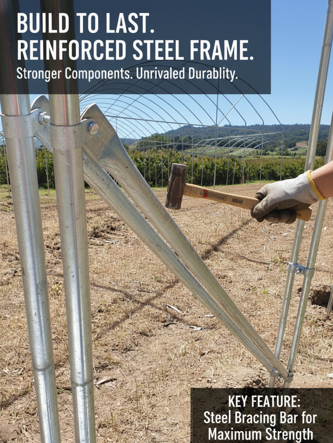 Reinforced steel frame with a person using a hammer, set against a scenic background.