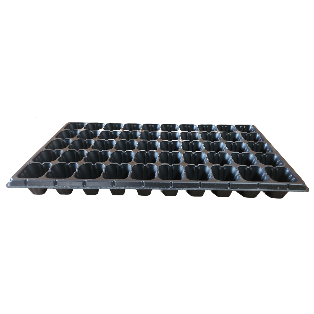 Black plastic seed tray with multiple compartments on a white background