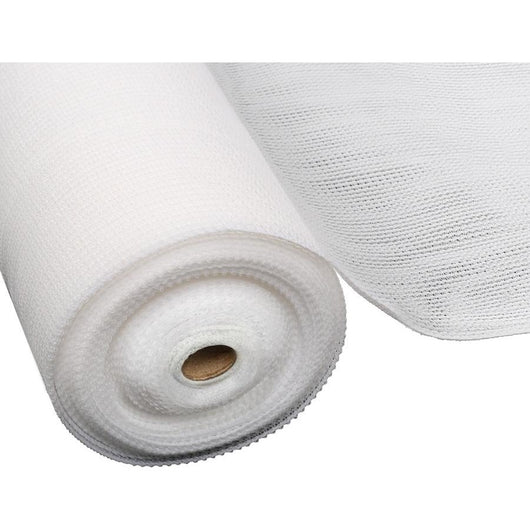 Roll of white shade cloth fabric on a white background