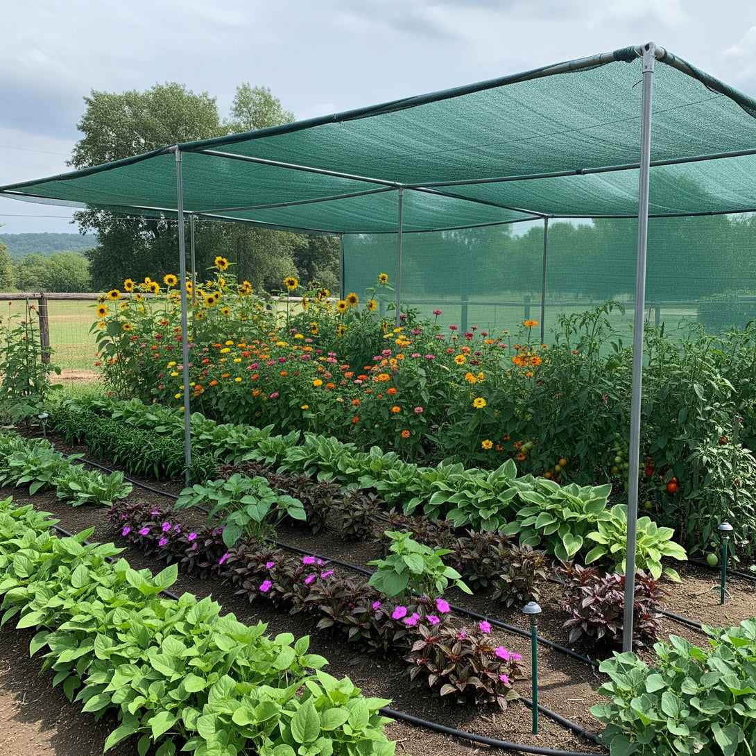 Garden with rows of plants under a green shade cloth canopy on a sunny day.