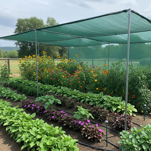 Garden with rows of plants under a green shade cloth canopy on a sunny day.