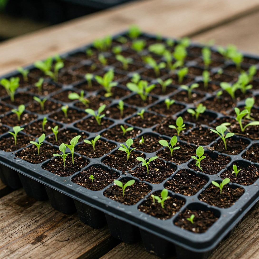 Seedlings in a black plastic tray on a wooden surface