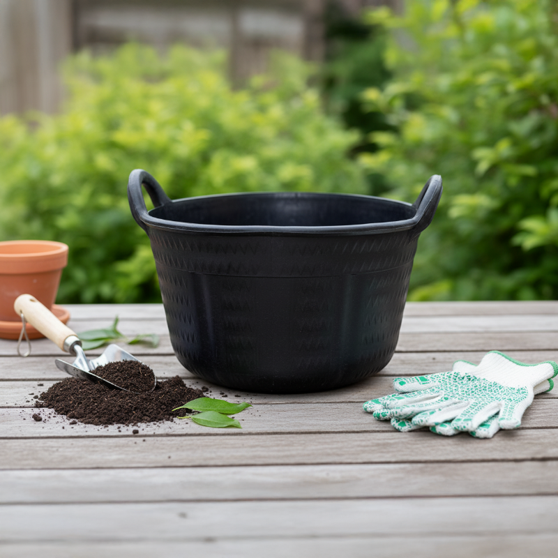 Black garden bucket on a wooden table with gardening tools and gloves in a garden setting