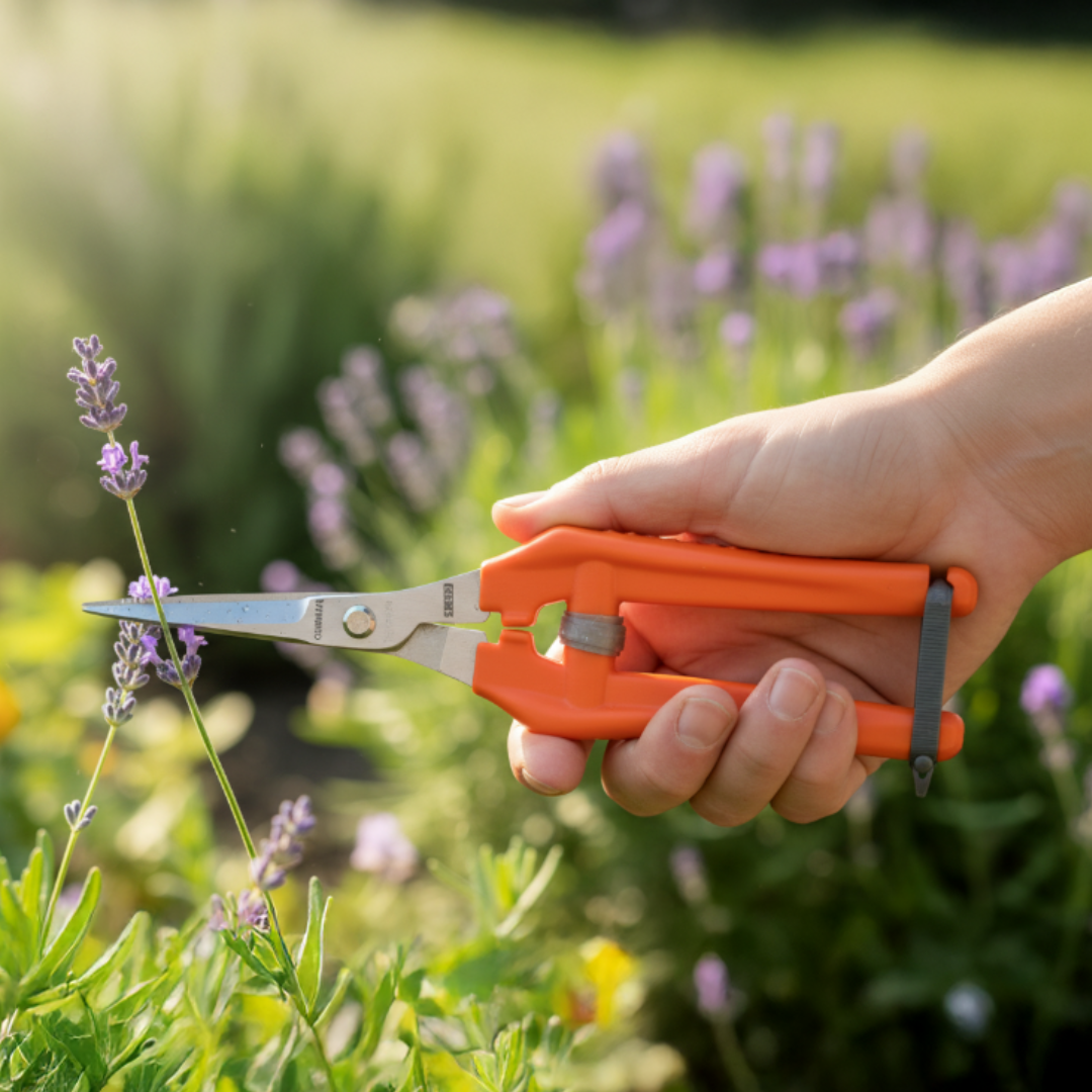 Hand holding orange garden shears with lavender plants in the background