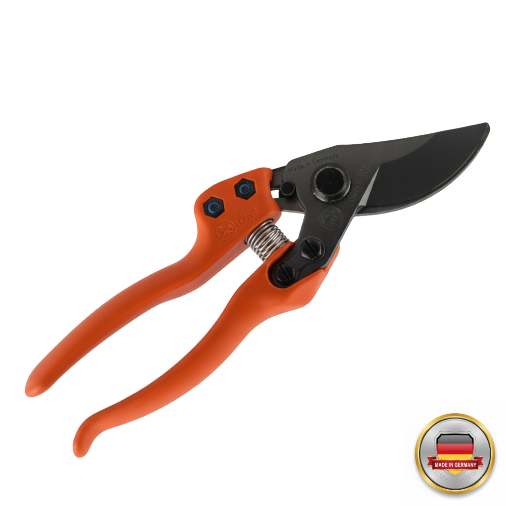 Orange and black pruning shears on a white background with a 'Made in Germany' badge.