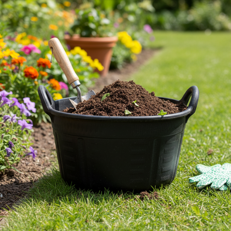 Black garden bucket filled with soil next to a flower bed