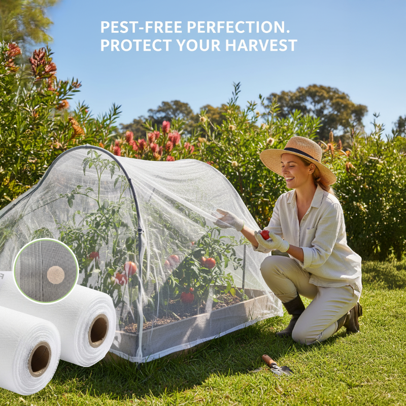 Woman tending to plants under a pest exclusion net with text 'Pest-Free Perfection. Protect Your Harvest'.