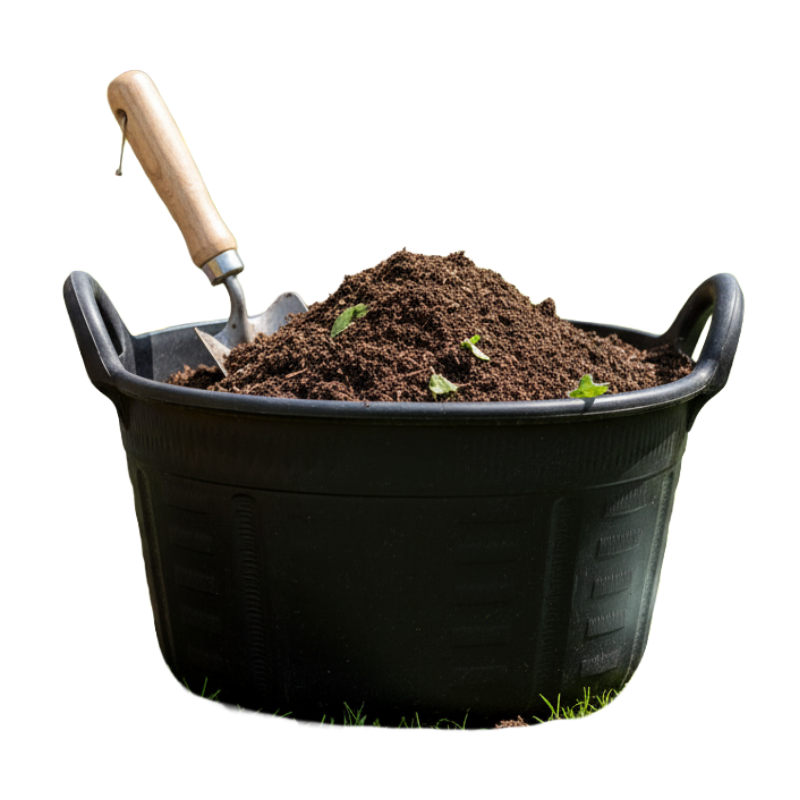 Black garden container with soil and a trowel on a white background