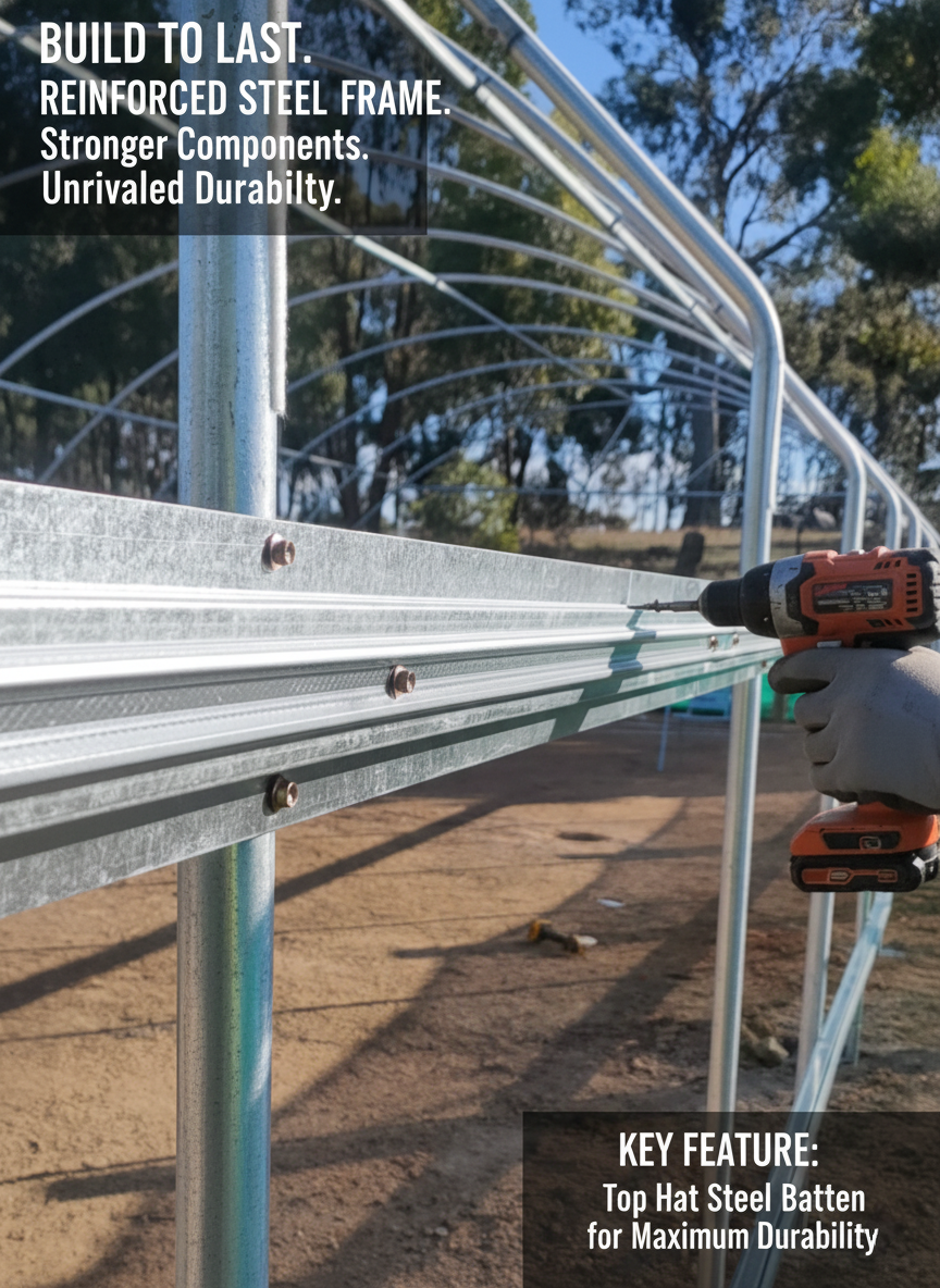 Metal frame structure with reinforcement text and a drill in use.