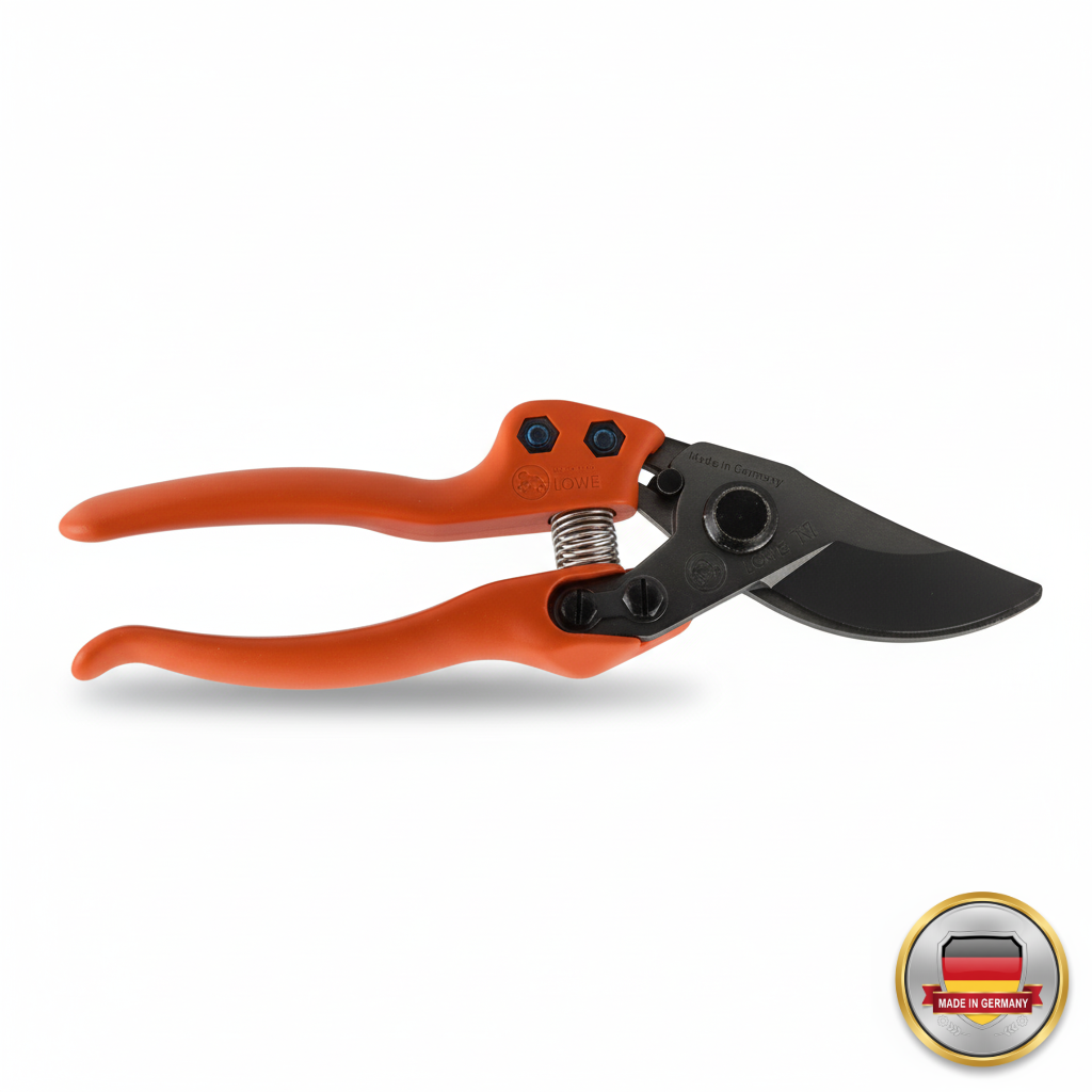 Orange garden pruner with black blades on a white background