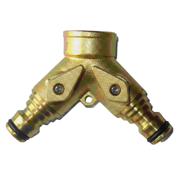 Ryset Brass Dual Tap Outlet - 1" and 3/4" BSP Compatibility - Heavy Duty Tap Splitter with Shut-Off Valves for Hoses