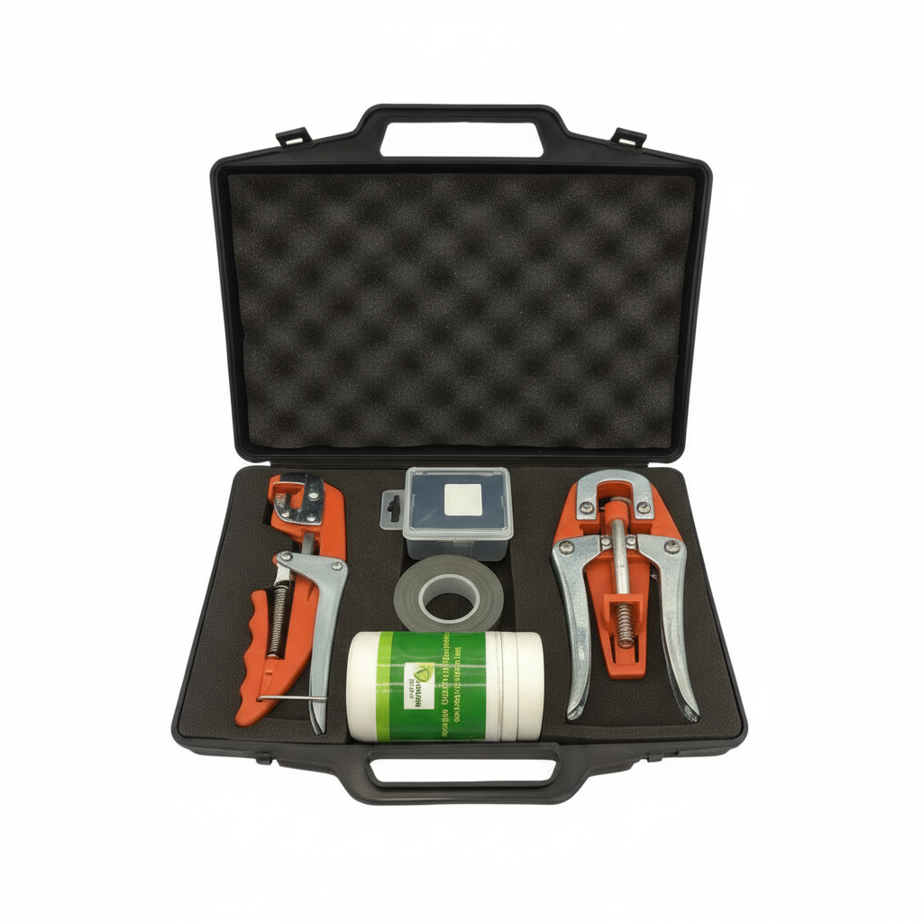 Tool kit with various grafting tools and equipment on a white background