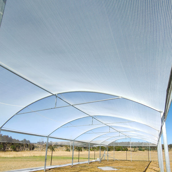 Greenhouse frame with a netting roof and a blue sky background