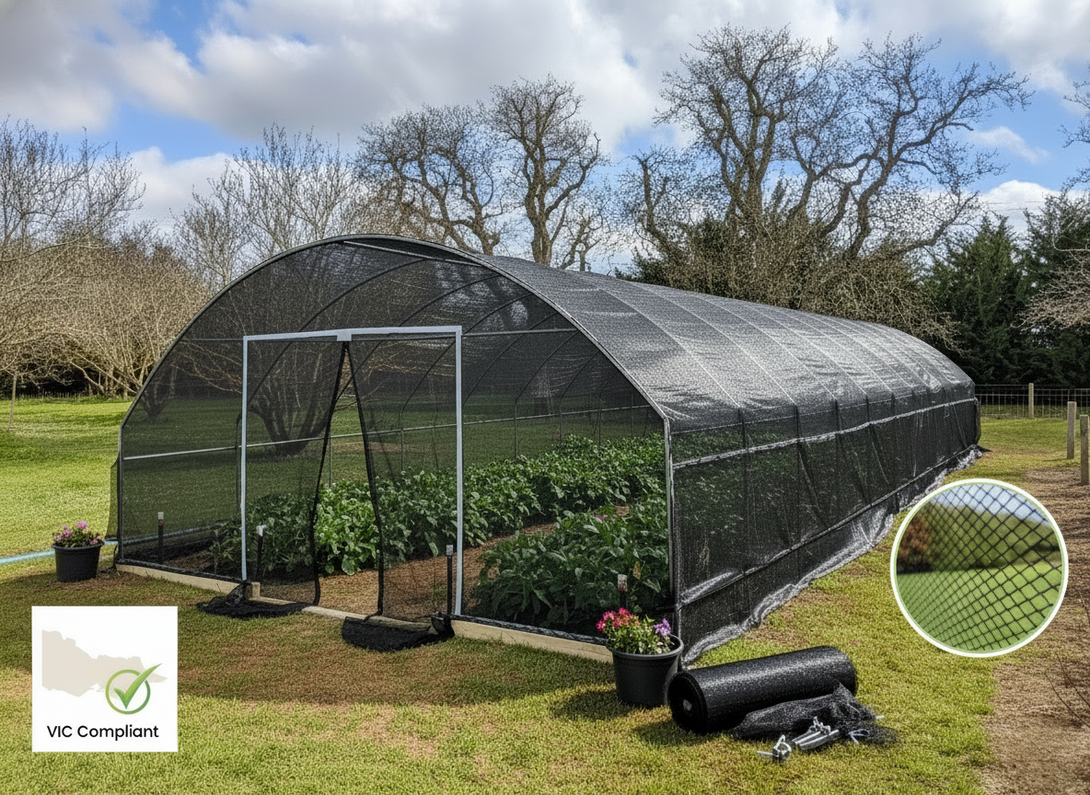 Greenhouse with mesh cover in a garden setting, featuringVIC Compliance logo.