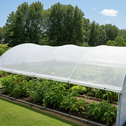 Greenhouse with plants growing inside, surrounded by trees and clear sky covered with shade cloth