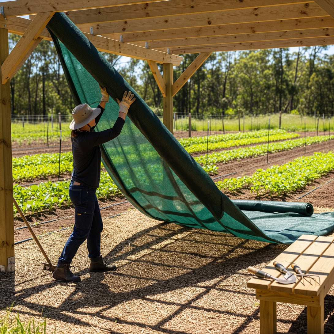 Person working with green shade cloth fabric in a garden setting