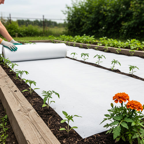 Person rolling out white shade cloth sheeting over a garden bed with young plants.